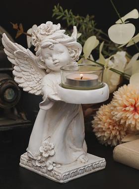 新款直销欧式站姿复古做旧翅膀天使手托烛台聚会餐厅客厅浪漫气氛