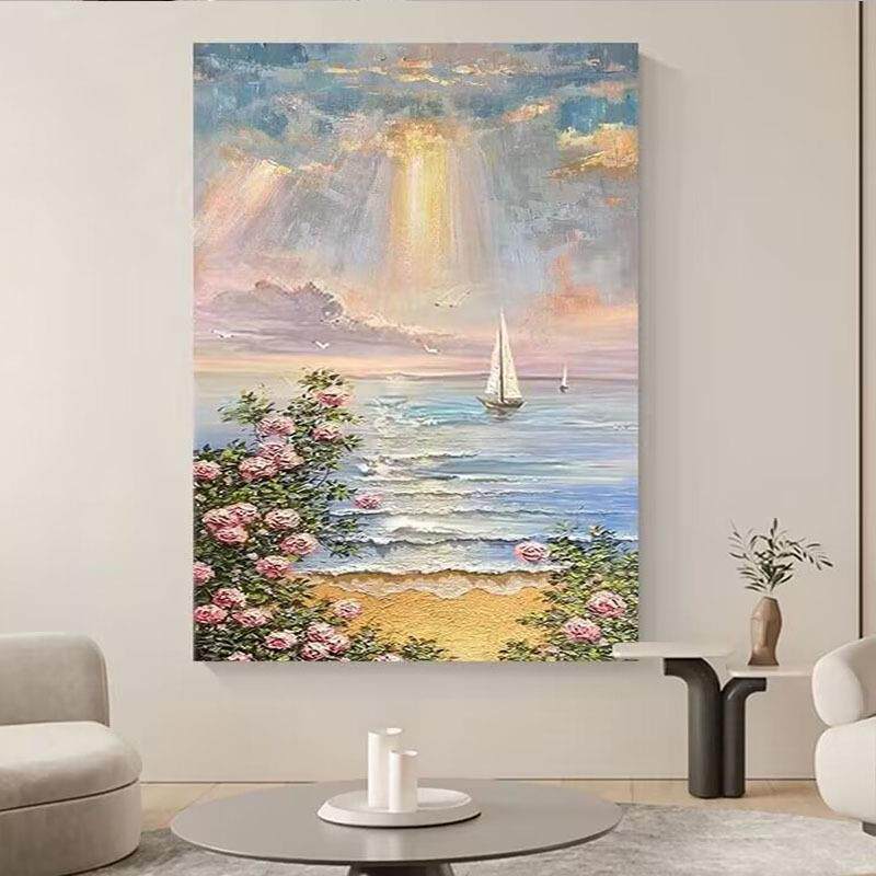 新款直销手绘油画现代日出海边风景客厅玄关装饰画轻奢酒店民宿别