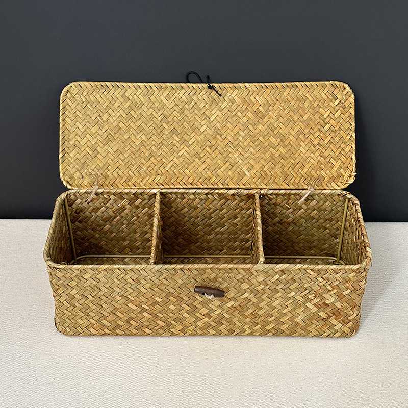 新款直销现货海草编收纳盒分格日式藤编收纳筐长方形带盖桌面编织