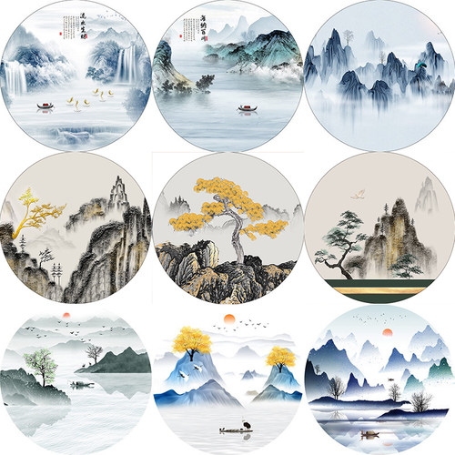 西墙聚财挂画山水画墙贴自粘壁画