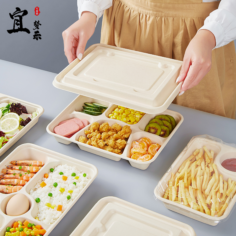 一次性饭盒纸浆餐盒环保可降解外卖打包盒三格4格5格6格分格食品
