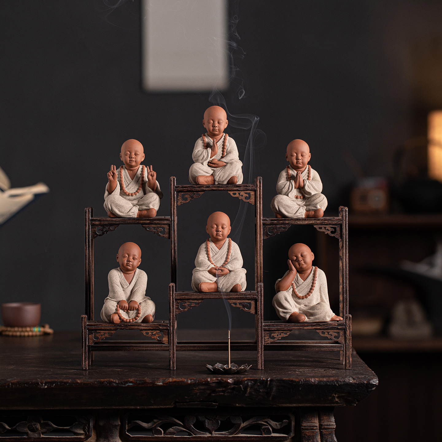 新中式禅意六度小和尚茶宠摆件