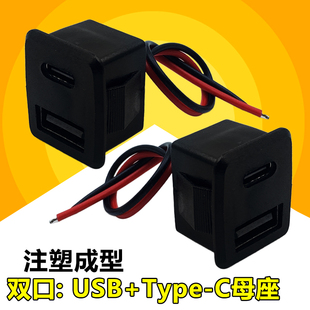 USB2.0双层防水2P母座带延长线 USB+typec双插口平面灯具充电接口