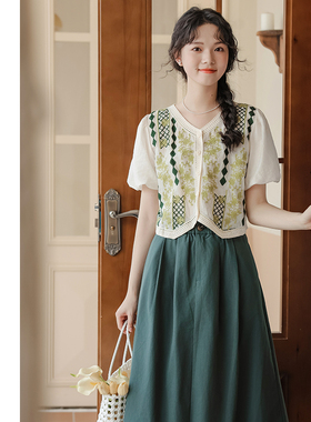 法式绿色假两件碎花针织衬衫女夏季甜美学院风针织衫半身裙两件套