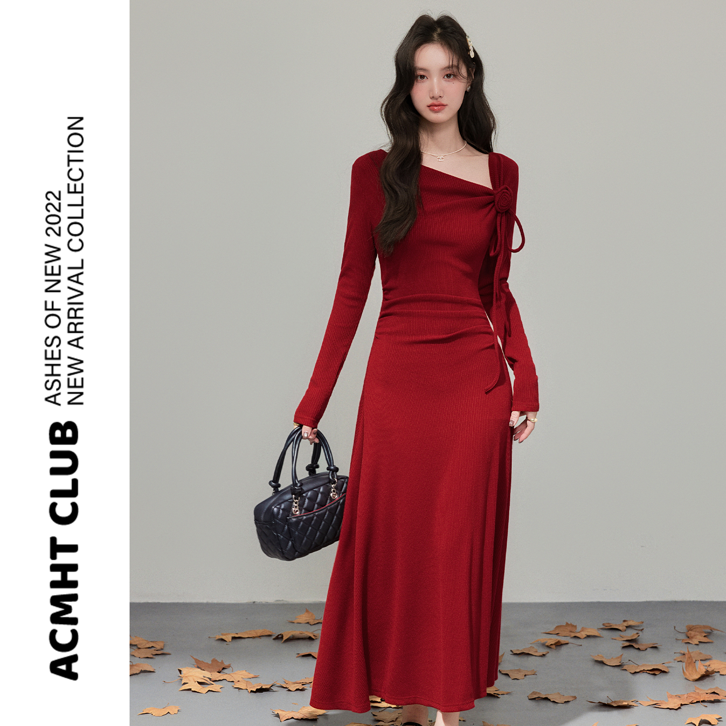 法式复古红色针织连衣裙女秋冬季赫本风高级感收腰气质回门裙礼服