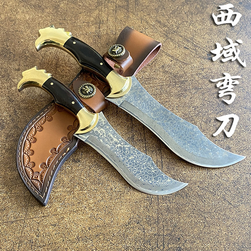 英桔沙手工刀锻打大马士革黑檀木黄铜手柄精致锋利小刀