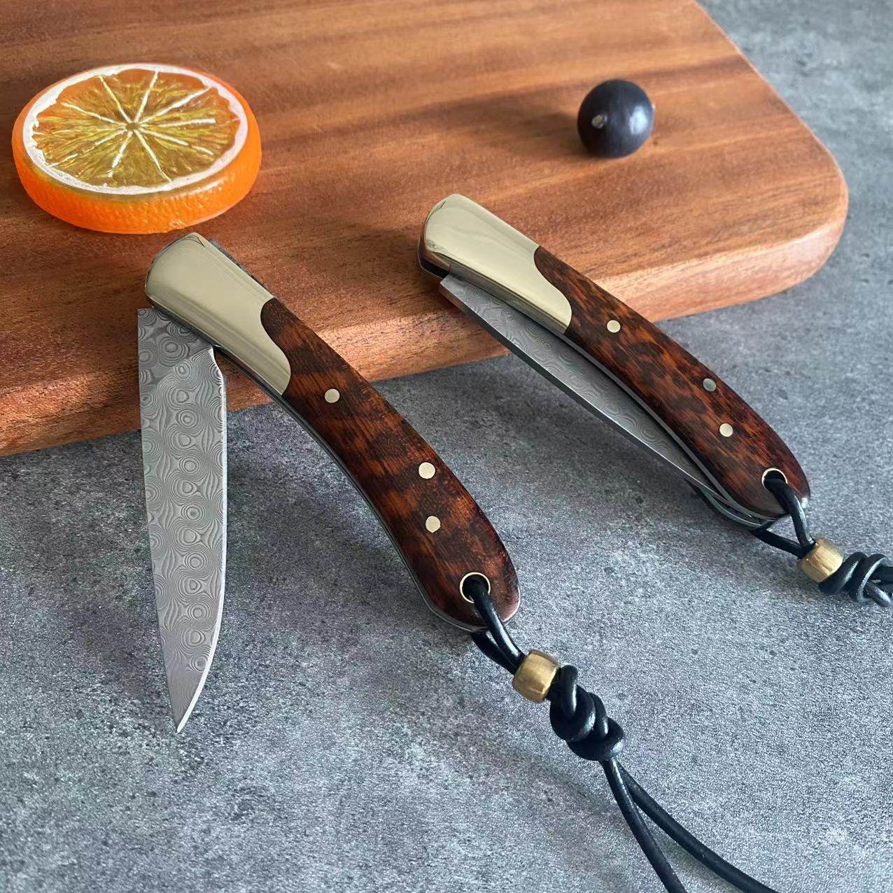 蛇纹木大马士革钢刀高硬度锋利随身携带折叠小刀家用不锈钢水果刀