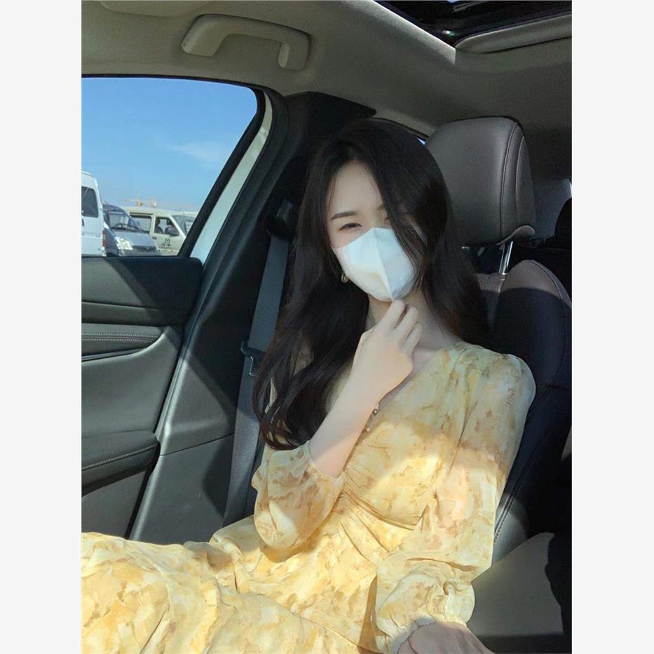 2025夏法式小众雪纺v领长裙抽褶薄款水墨印花气质温柔女人连衣裙