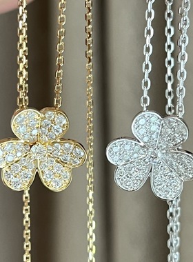 三叶草项链满钻18k花瓣吊坠mini中号幸运草花朵玫瑰金白金锁骨链