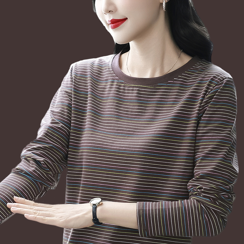 纯棉长袖t恤女上衣2025秋季新款胖mm妈妈条纹显瘦大码外穿打底衫