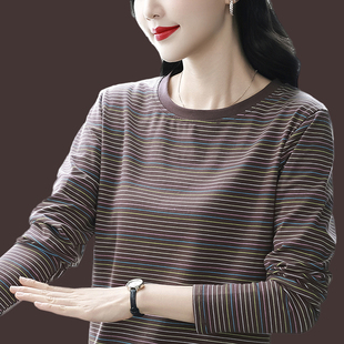 胖mm妈妈条纹显瘦大码 纯棉长袖 t恤女上衣2026秋季 新款 外穿打底衫