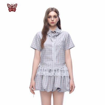 复古格子娃娃领短袖衬衫
