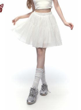 KBLC25春夏亮闪闪仙女裙miu复古运动松紧腰微皱质感芭蕾舞白短裙