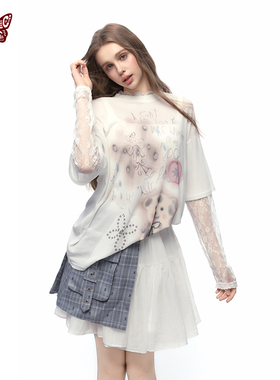 KBLC25春夏纯欲蕾丝凉感面料蝴蝶小狗趣味假两件长袖透气显瘦t恤