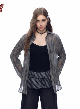KBLC25春夏复古格纹透气网纱腰带潮宽松物理女款防晒外套长袖衬衫