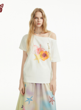 KBLC25春夏“猫屿漫游”斜肩贝壳吊带夏日沙滩风百搭宽松T恤闺蜜