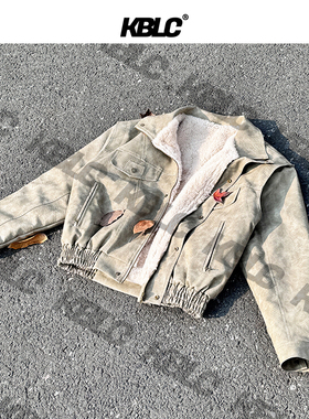 KBLC【蛇年限定】座山雕外套毛领剪裁解构设计洗水PU皮加绒夹克