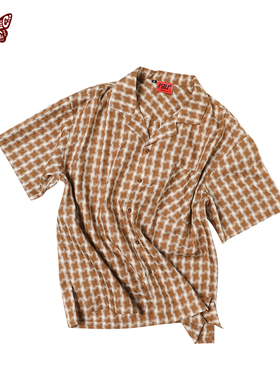 KBLC®Active Lab25春夏天丝棉复古阴影格子宽松古巴领短袖衬衫