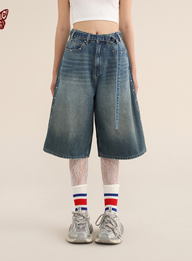 KBLC24AW美式重磅洗水做旧牛仔裤男新款宽松阔腿七分裤男女