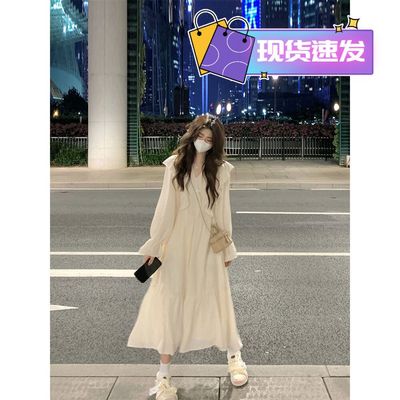 法式高级感V领连衣裙过膝A字裙子