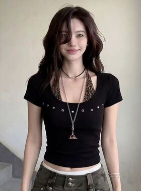 黑色假两件短袖t恤女挂脖豹纹拼接设计感修身显瘦辣妹无袖上衣潮