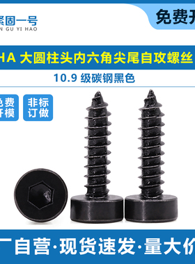10.9级碳钢黑色HA光面大圆柱头大头内六角尖尾自攻螺丝M3.5M4M5M6
