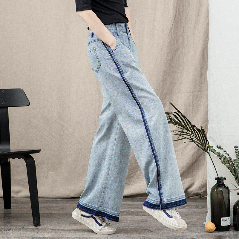撞色直筒牛仔裤女高腰显瘦毛边复古休闲阔脚宽松2024季新品