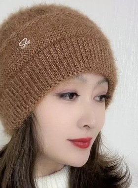 松鼠绒双层针织时尚百搭冬季堆堆帽女士编织韩版保暖帽秋冬帽子女