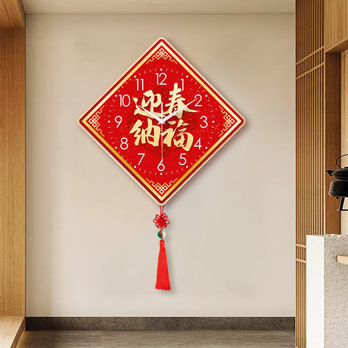迎春纳福客厅装饰画中国结挂钟