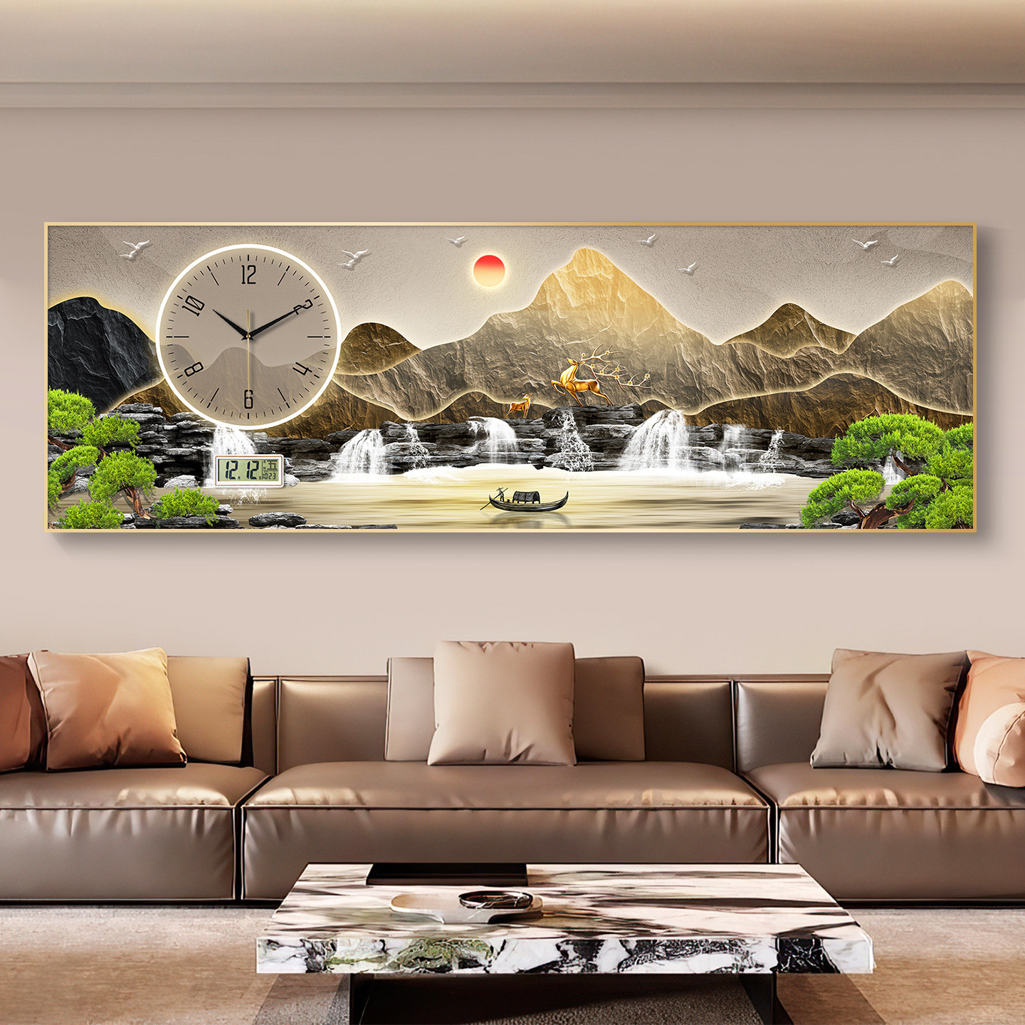 高宅万年历山水风景画客厅装饰钟沙发背景墙壁挂画电子钟静音时钟,家居饰品,钟表画/挂钟画,淘宝优惠券,粉丝福利购,淘宝优惠卷