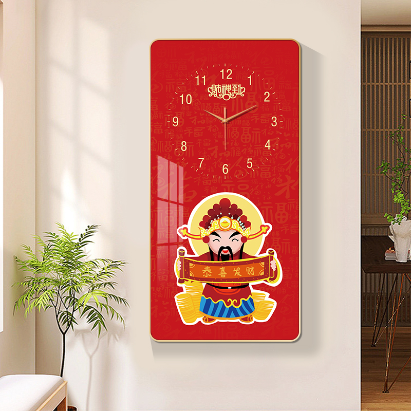 装饰画财神招财画创意挂钟客厅墙面画进门入户玄关壁画财神爷挂钟