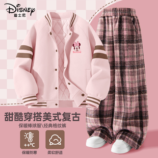迪士尼秋冬款美式夹棉棒球服套装女时尚新款卡通休闲保暖两件套潮
