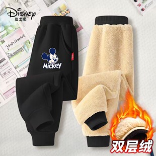 迪士尼儿童加绒裤子女童冬季加厚绒男女童保暖加厚双层校园冬装裤