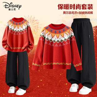 迪士尼秋冬女童加厚圆领毛衣加绒灯笼裤套装男女用红色喜庆套装潮