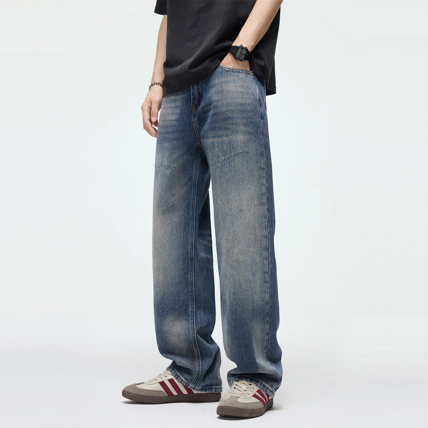 Kuvine2026春季新款潮流美式复古水洗做旧刮烂牛仔裤男宽松直筒裤,男装,牛仔裤,淘宝优惠券,粉丝福利购,淘宝优惠卷