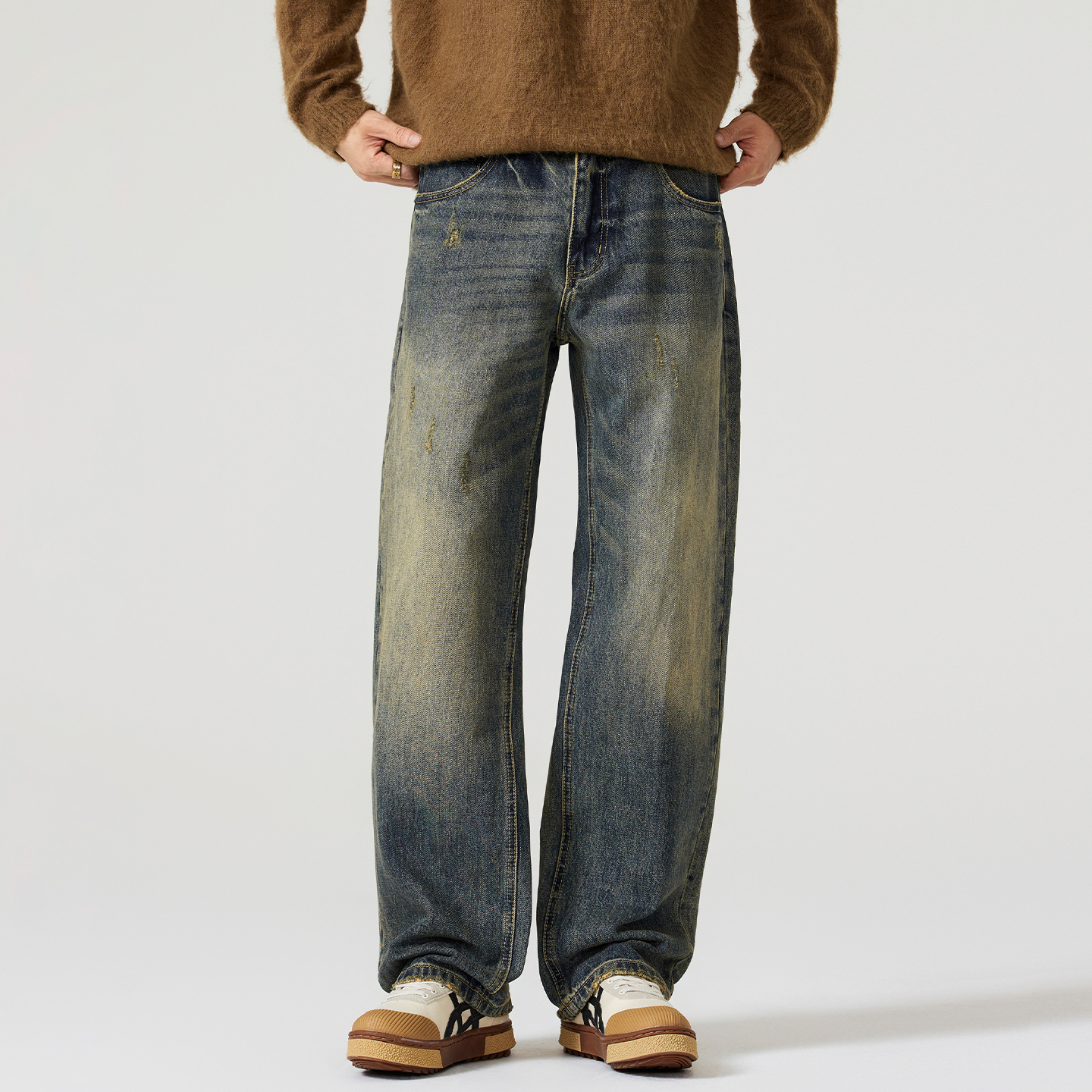 Kuvine2025秋季慵懒风水洗刮烂宽松直筒复古做旧美式纯棉牛仔裤男