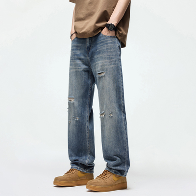 Kuvine美式高街复古破洞牛仔裤男