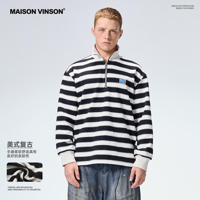 MAISON VINSON美式街头立领拉链黑白条纹撞色长袖POLO衫休闲上衣