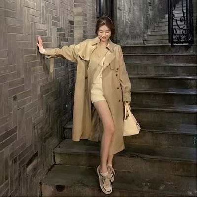 英伦通勤双排扣中长西装领风衣