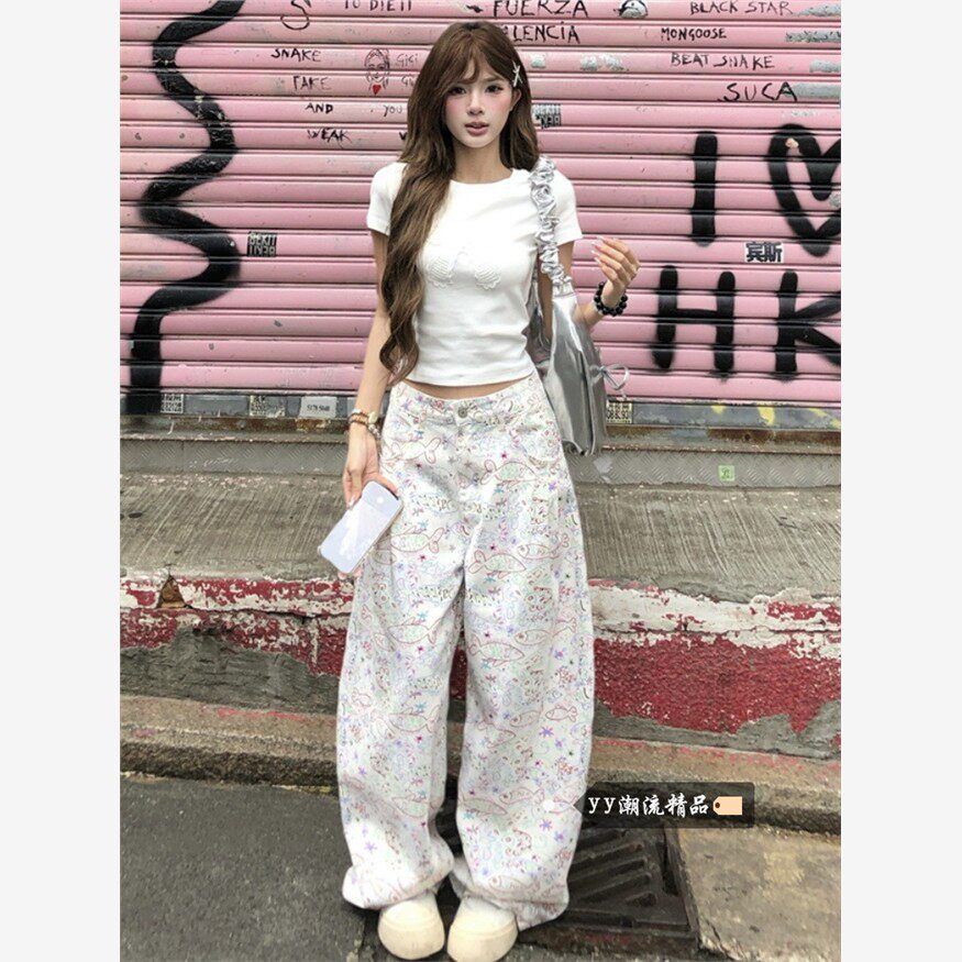 白色鱼纹涂鸦直筒牛仔裤女士夏天小高腰褶皱宽松修身宽腿裤