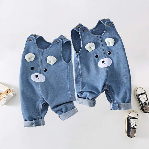 肩扣牛仔连体衣套装春秋无袖哈衣