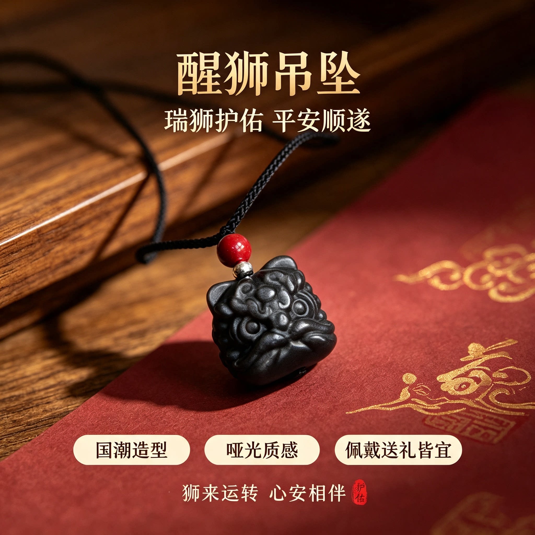 正品天然金曜石醒狮吊坠男本命年护身符挂件项链黑曜石配饰礼物男图片