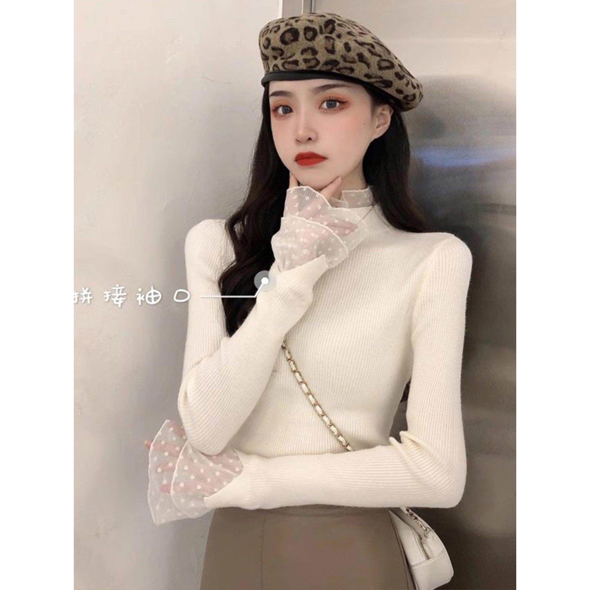 白色半高领蕾丝打底衫女秋冬高级感修身内搭超好看毛衣针织衫上衣