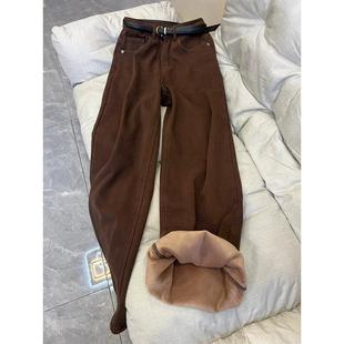 咖色加绒裤子女直筒牛仔裤秋冬加厚保暖高腰宽松美拉德棕色阔腿裤