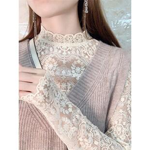 半高领蕾丝打底衫女时尚洋气立领内衬毛衣针织衫叠穿内搭蕾丝衬衫