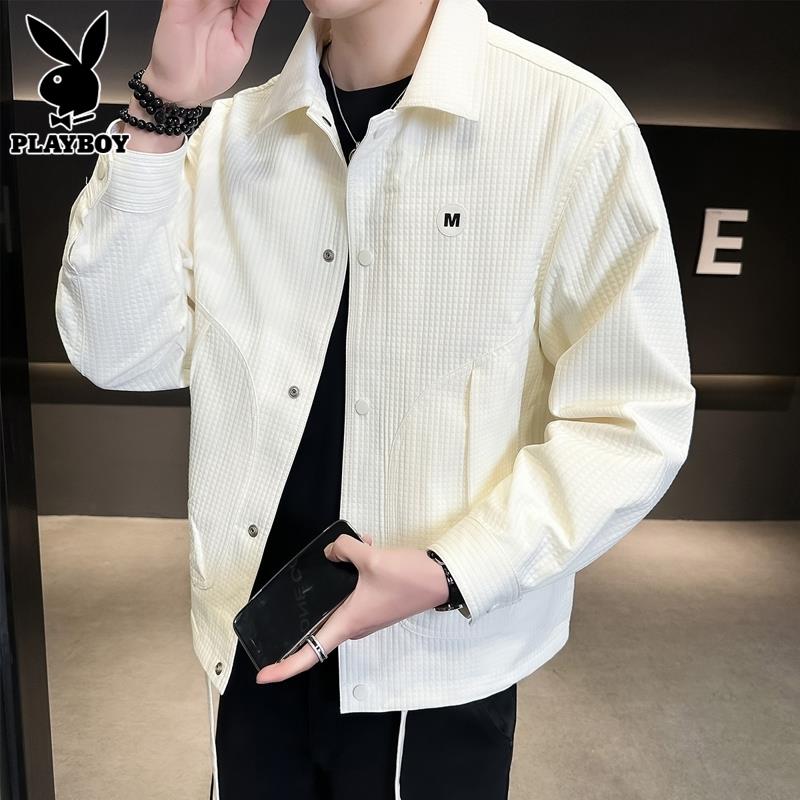 花花公子翻领夹克男士春秋季新款韩版上衣服潮流痞帅米白外套男装