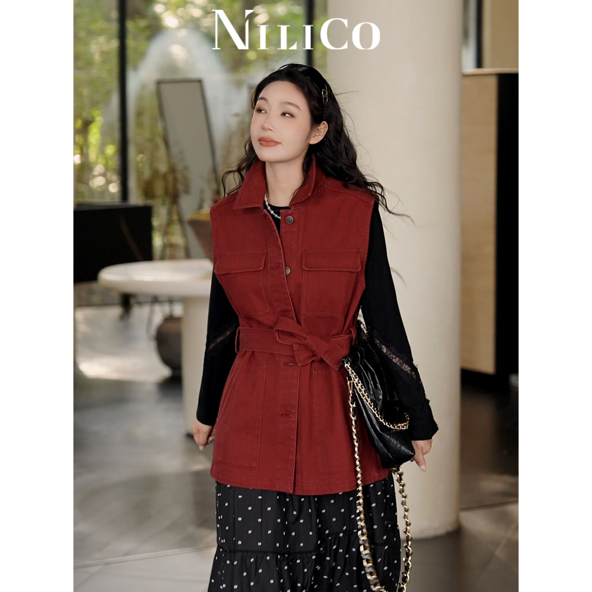 NILICO陈媚【红玫】慵懒老钱风意式经典复古显瘦无袖翻领牛仔马甲