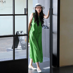 NILICO陈媚[青仙]波西米亚中长款气质无袖绿色连衣裙女夏亚麻裙子