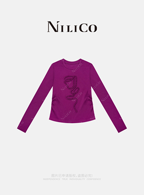 NILICO陈媚【暗香来】立体玫瑰花边重工捏褶圆领修身长袖T恤
