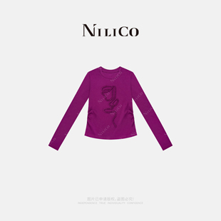长袖 立体玫瑰花边重工捏褶圆领修身 T恤 暗香来 NILICO陈媚
